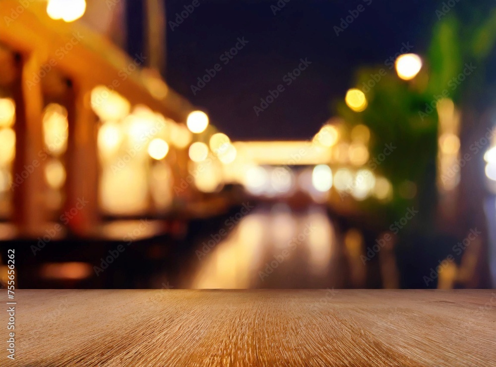 Wooden table for placing products with a beautiful night restaurant backdrop