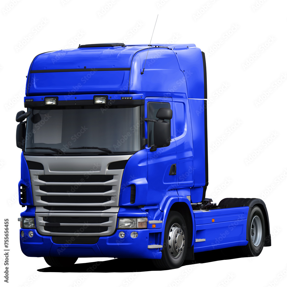 A modern European truck is completely dark blue. Front side view isolated on white background. A modern European truck is completely dark blue. Front side view isolated on white background.