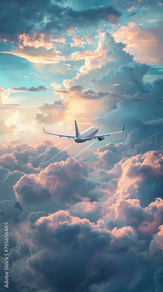 A single aircraft ascending through layers of clouds