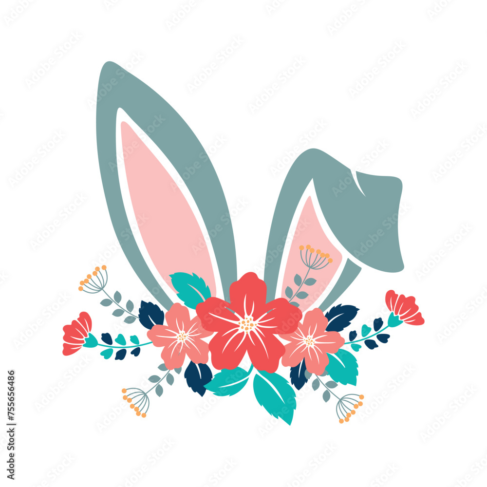 easter bunny`s ears with flowers,colorful isolated vector illustration on white background,design element for easter greeting cards,banner,invitation easter bunny`s ears with flowers,colorful isolated vector illustration on white background,design element for easter greeting cards,banner,invitation