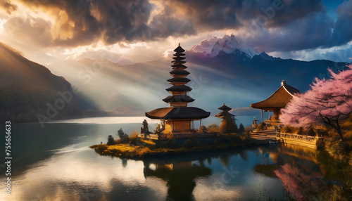 Balinese temple in the middle of the lake, Generative AI photo