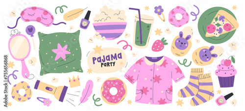 Pajama sleepover party supplies and accessories for fun time entertainment vector illustration