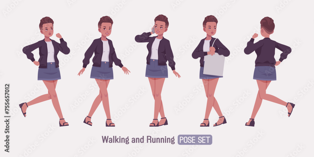 Attractive girl run, walk poses, young urban fashion woman wearing nice short high waist denim skirt, cute streetwear bomber jacket, casual summer sandals, female fade haircut. Vector illustration