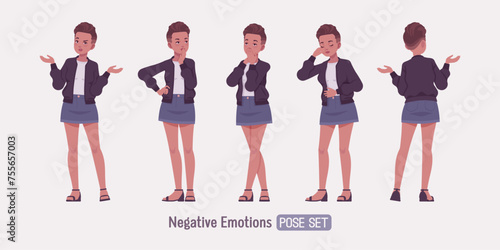 Attractive girl bad emotion poses, young urban fashion woman wearing nice short high waist denim skirt, cute streetwear bomber jacket, casual summer sandals, female fade haircut. Vector illustration
