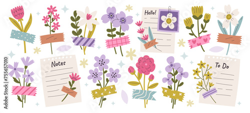Notes, to-do list, greeting letter with flowers decorations attached by colorful washi tape