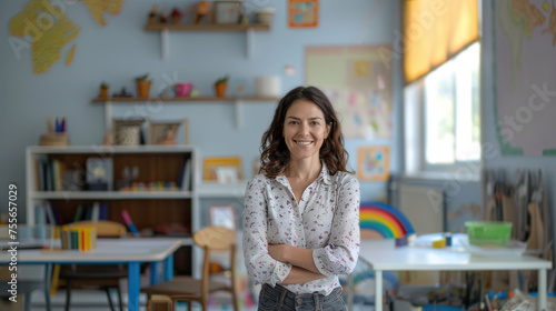 Portrait of latin teacher posing looking at camera in preschool class. Generative AI. photo