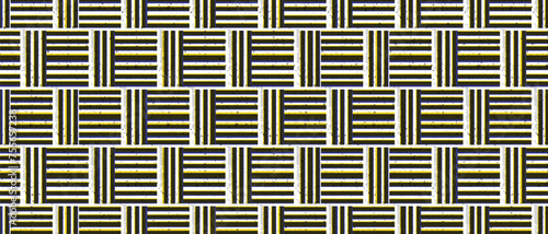 Risograph seamless background. Vector geometric ornament in retro style. Black, yellow and grey horizontal and vertical lines are arranged in a grid. Tiles with dashes of different colors