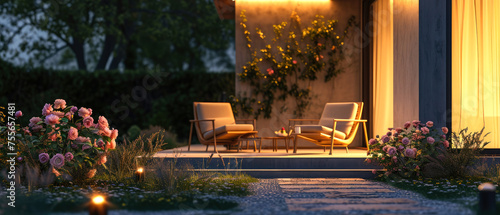 Evening scene with blooming spring garden on backyard. Terrace with plants, flowers, peonies,  lounge furniture, lantern. Luxury penthouse patio. Exterior design. Villa facade. Copy space. Generative  © Inai