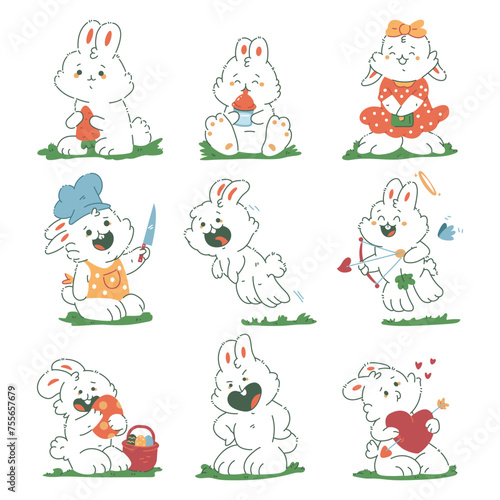 Cute bunny characters vector cartoon set isolated on a white background.