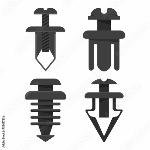 Car retainer clips vector cartoon set isolated on a white background.