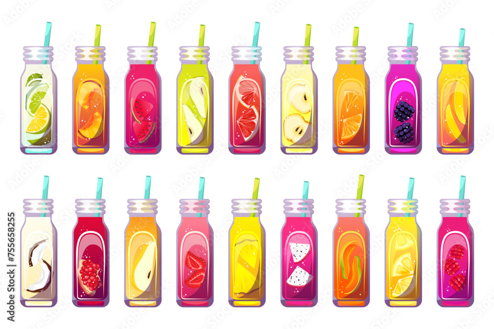 Set of juices. Summer tropical juices, smoothies, cocktails. Healthy smoothie with fruits and berries. Organic detox juice, fruit smoothie. Vector illustration. Set of juices. Summer tropical juices, smoothies, cocktails. Healthy smoothie with fruits and berries. Organic detox juice, fruit smoothie. Vector illustration.