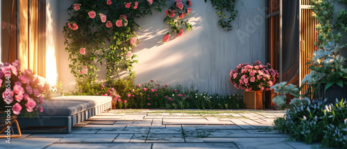  Minimal mock up with suburban patio of penthouse. Backyard terrace with plants, blooming peonies, lounge furniture. Luxury exterior design. Villa facade. Copy space. Generative ai