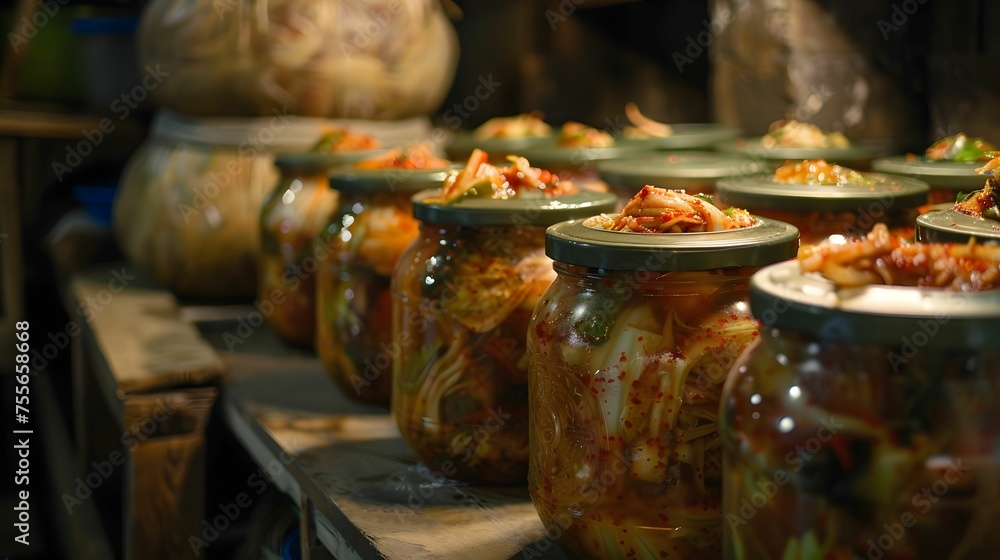 Fototapeta premium Kimchi making process traditional jars
