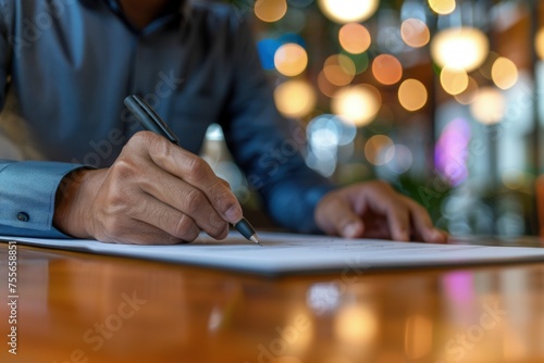 Businessman signing paper at table, business concept, contract signing, negotiation, bokeh background.