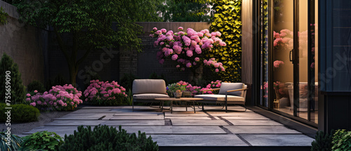 Morning scene with blooming garden on backyard. Sunrise at terrace with plants, flowers, peonies, lounge furniture, lantern. Luxury penthouse patio. Exterior design. Copy space. Generative AI