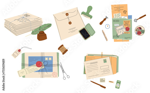 Collection of different envelopes with mail, postmarks and postcards vector flat illustration.