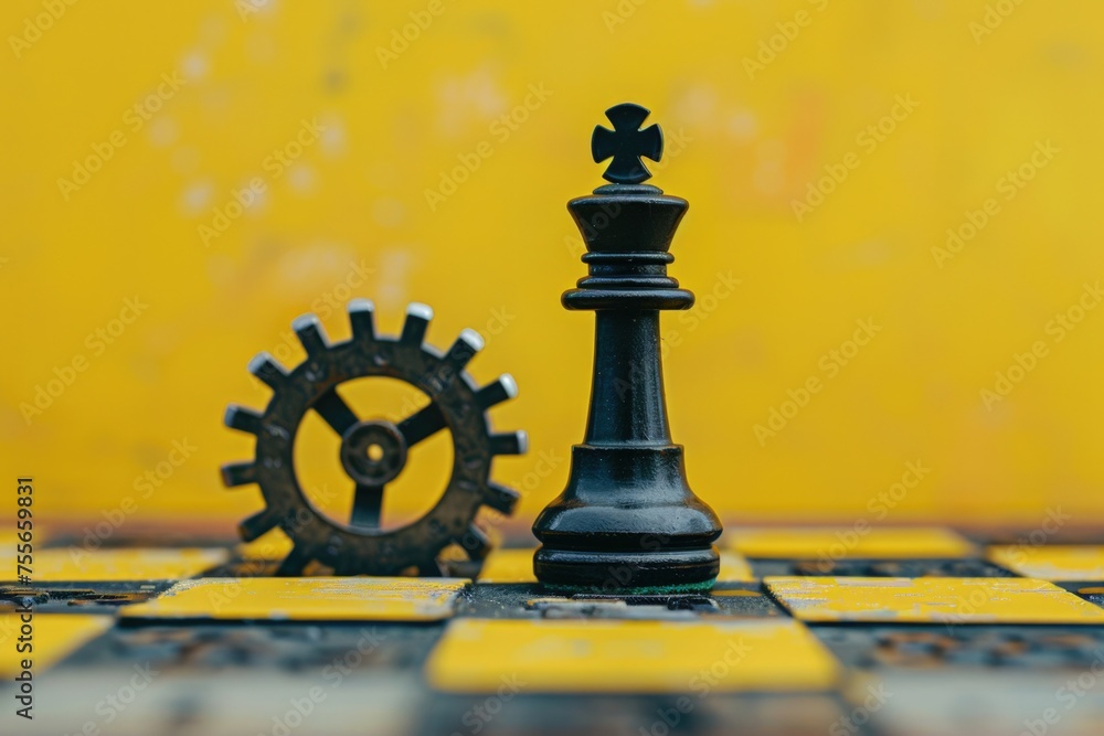 Iron gears and chess pieces on a chessboard, concept of creativity and strategy. Iron gears and chess pieces on a chessboard, concept of creativity and strategy.