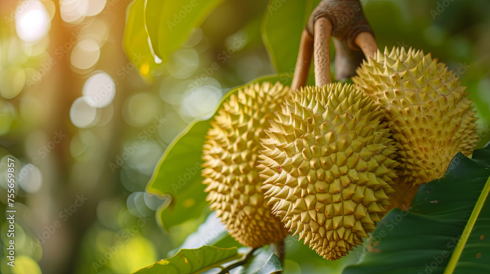 durian on the tree, concept of exotic and strong-smelling fruit durian on the tree, concept of exotic and strong-smelling fruit