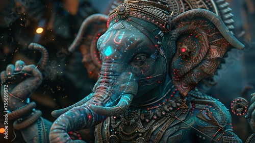 A futuristic Lord Ganesha visualized with cybernetic enhancements and sci fi elements exploring the intersection of divinity and technology photo