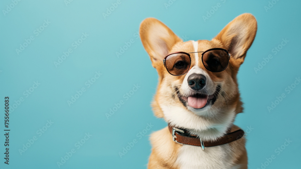Cachorro fofo usando óculos escuros isolado no fundo azul