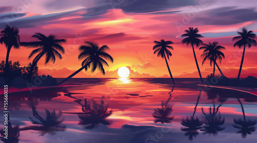 Paisagem colorida por do sol tropical - Ilustração © Vitor