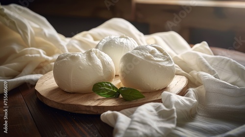 Mozzarella on a wooden board with a white cloth