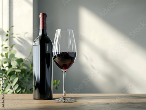 The sparse and simple style of a bottle of red wine and a glass is evident, with minimal changes.