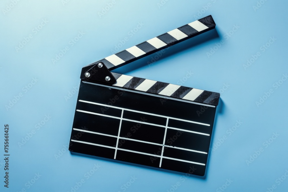 Fototapeta premium Person holding a cinema clapperboard, cinematographic production, blue background.