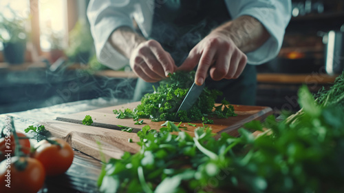 Professional Chef Finely Chopping Fresh Green Par