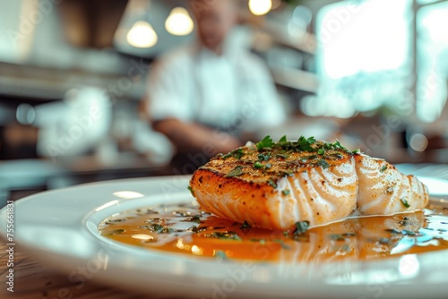 Plate with salmon in sauce on wooden table, chef in the background, gastronomy and cooking concept.