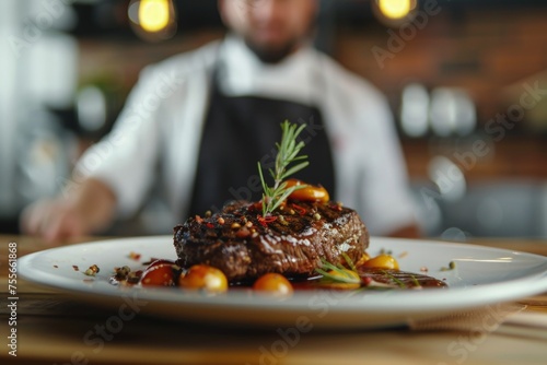 Plate with steak in sauce on wooden table, chef in the background, gastronomy and cooking concept.