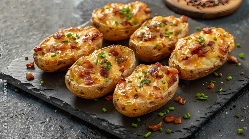 Loaded potato skins chives and bacon bits Loaded potato skins chives and bacon bits