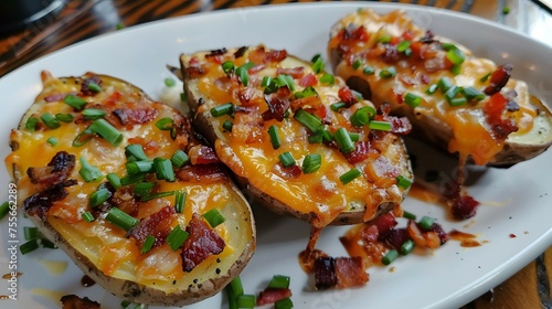 Loaded potato skins chives and bacon bits