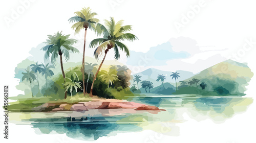 Painted watercolor tropical landscape with palm tree