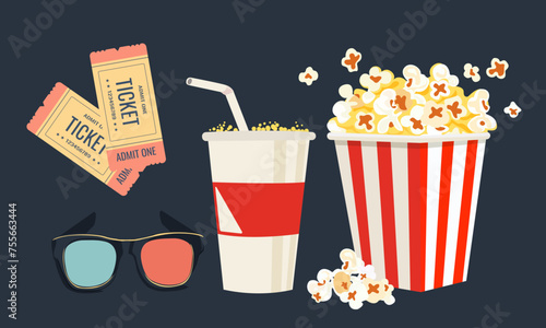 Set of icons for cinema with popcorn, drink, tickets and 3d glasses. Cinema time. Vector image . Isolated on dark background photo