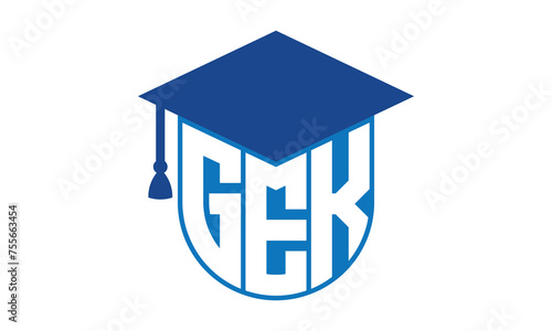 GEK initial letter academic logo design vector template. school college logo, university logo, graduation cap logo, institute logo, educational logo, library logo, teaching logo, book shop, varsity	
 photo