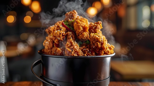 Overflowing bucket of crispy fried chicken photo
