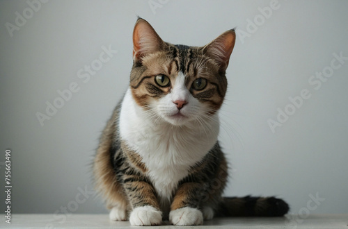 Brown and White Cat Sitting Against a White Studio Background