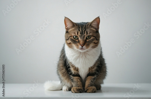 Attentive Tabby Cat Seated Calmly Against a Plain White Background