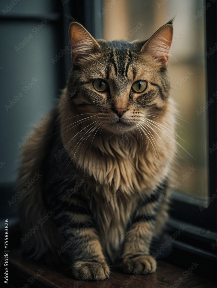 Majestic Tabby Cat Perched by a Window, Gazing Intently Outdoors at Twilight