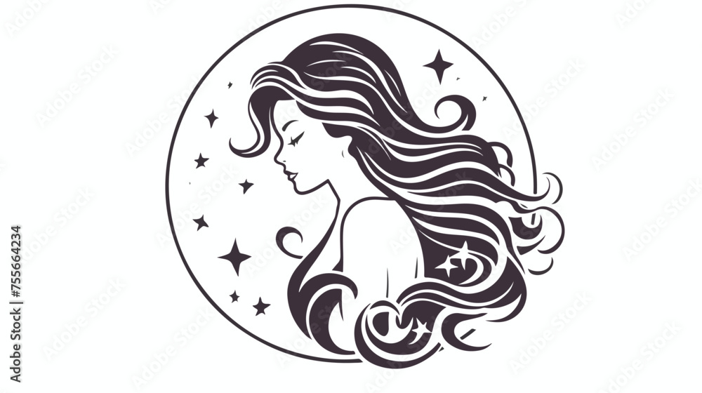 Mermaid and waves circle emblem. Linear style art 