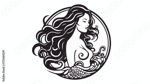 Mermaid and waves circle emblem. Linear style art 