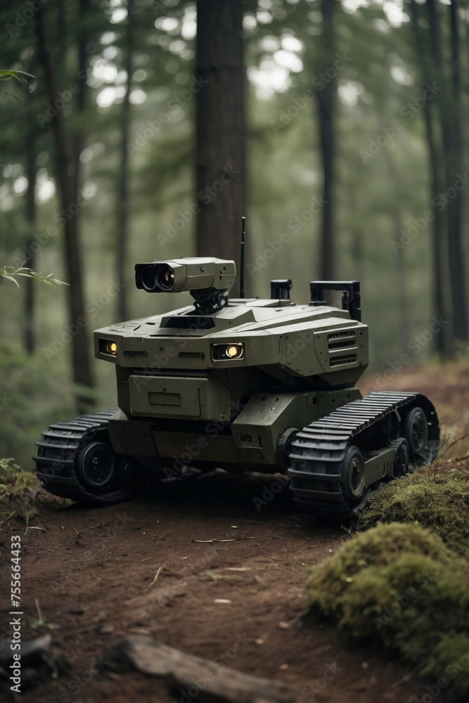 Fototapeta premium Autonomous Military Robot Patrolling a Dense Forest Trail