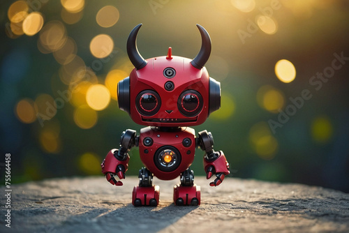 Cute Little Red Robot With Horns
