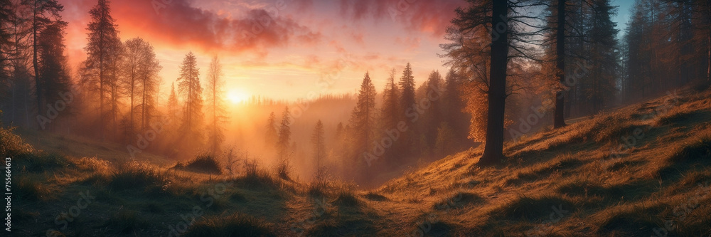 Fototapeta premium Serene Sunrise Over a Misty Forest