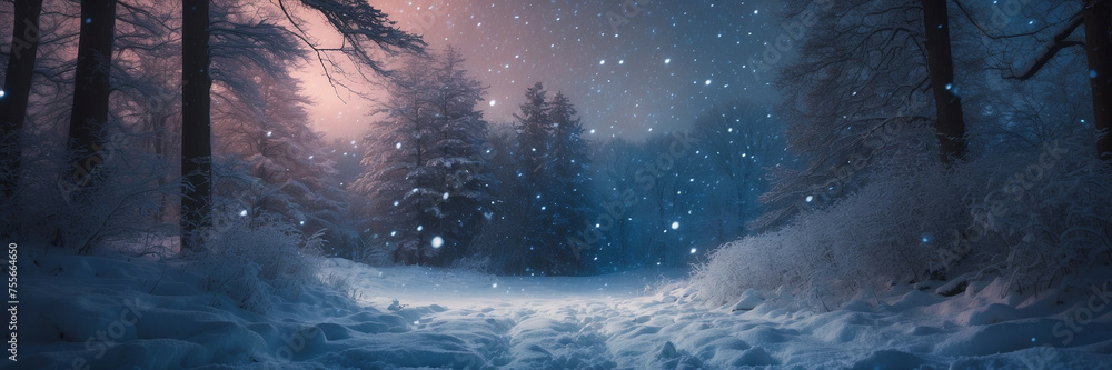 Serene Snowfall at Night in a Snow-Covered Forest Pathway