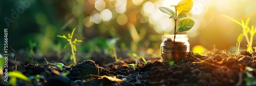 Coins Growing from the Ground with Plants, To convey a message of financial growth and environmental sustainability photo