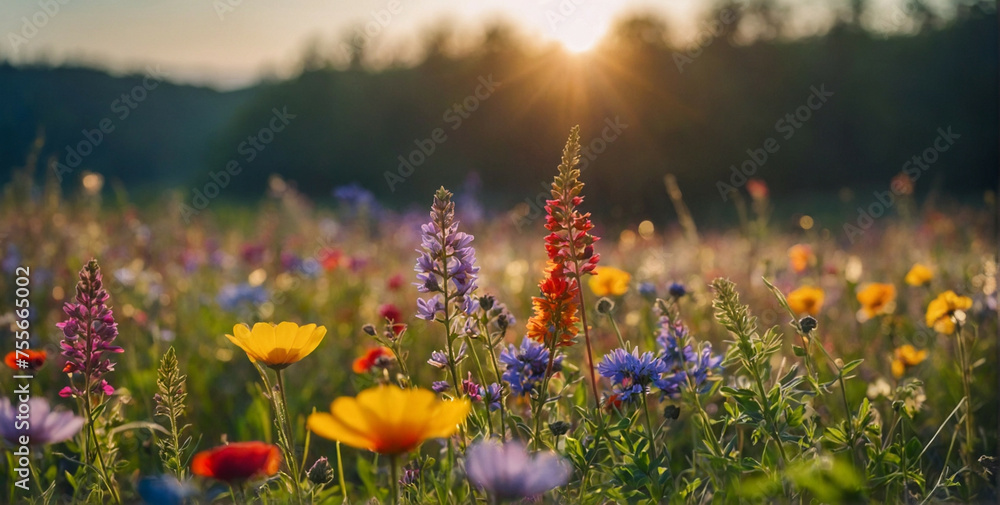 Vibrant Wildflower Field With Sun in Background - obrazy, fototapety, plakaty 
