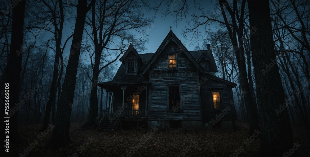 Abandoned House in Dark Forest at Night Abandoned House in Dark Forest at Night