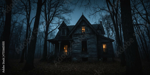 Abandoned House in Dark Forest at Night